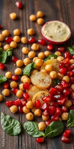 Crisp potato chickpeas spinach pomegranate seeds scattered on dark wooden table, healthy, ||dark wooden table
