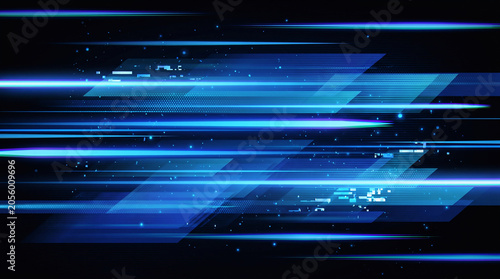 A dynamic high-speed motion blur composition of brilliant neon blue speed lines streaking horizontally across a pure solid black background