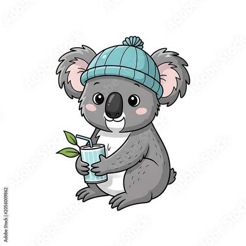 Cute Pixel Art Koala Wearing A Blue Winter Beanie Hat Holding A Tropical Drink Isolated