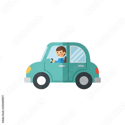 Minimalist Vector Illustration Of A Man Driving A Teal Retro Sedan On A White Background