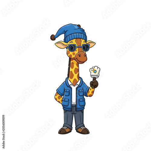 Pixel Art Cool Giraffe Wearing Blue Hat And Sunglasses Holding Ice Cream On Transparent Background