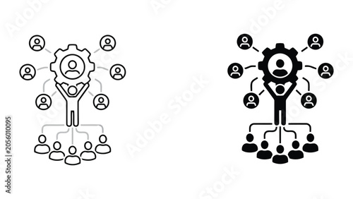 Centralized leadership and management structure icon showing a leader holding a gear connected to team members in a hierarchical network diagram for organizational development and corporate governance