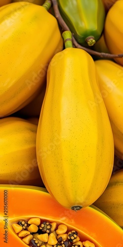Papaya fruit with vibrant green skin and soft yellow flesh, seed, exotic