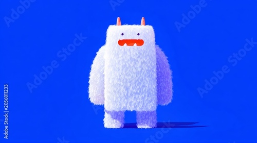Cute white funny pink fluffy monster on blue background