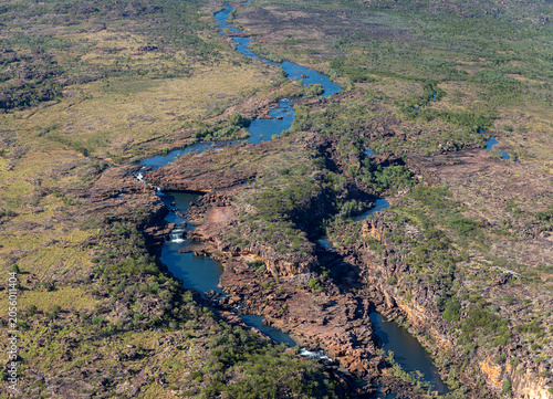 Aerial view of 3 cascading waterfalls on the western arm of the Mitchell River.