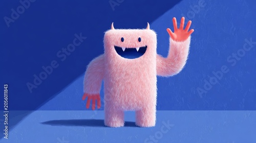 Cute white funny pink fluffy monster on blue background