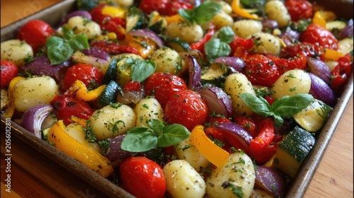 Roasted gnocchi and colorful vegetables on a baking sheet, traybake with cherry tomatoes, zucchini, bell peppers and fresh basil leaves, healthy vegetarian dinner concept.