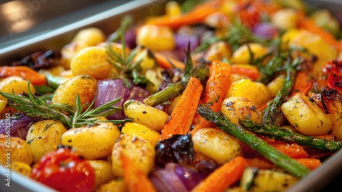 Roasted gnocchi and colorful vegetables on a baking sheet, traybake with cherry tomatoes, zucchini, bell peppers and fresh basil leaves, healthy vegetarian dinner concept.