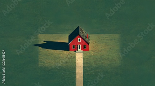 Minimalist aerial view of a small white house with red roof standing alone in large green field. Solitude, rural living, home ownership, peaceful countryside simple lifestyle. Geometric composition