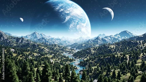 Cosmic landscape forest mountains giant planet moons night