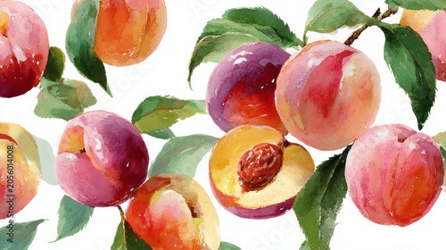 Watercolor pattern fresh red peaches and green leaves on a white background. Vibrant fruit illustration with a natural, artistic style perfect for textiles, wrapping paper, packaging, kitchen decor.