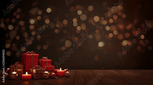 Cozy Christmas Still Life with Red Gift Boxes and Burning Candles on Wooden Table
