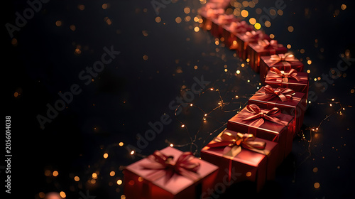 Creative Trail of Red Christmas Gift Boxes with Sparkling Fairy Lights on Dark Background