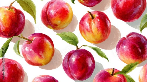 Watercolor pattern fresh red peaches and green leaves on a white background. Vibrant fruit illustration with a natural, artistic style perfect for textiles, wrapping paper, packaging, kitchen decor.