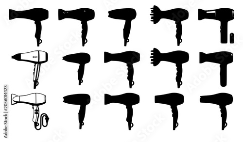 Foto Different hair dryers collection vector illustration beauty styling tool set iso
