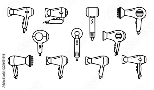 Hair dryer icon set vector outline beauty styling symbols isolated on white