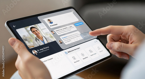 Hands Interacting with a Healthcare App on a Tablet Featuring an Ai Assistant