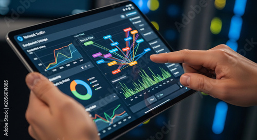 Hands Analyzing Network Traffic Data on Digital Tablet with Charts and Graphs