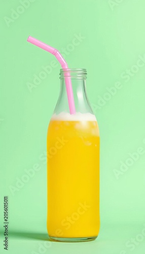 Refreshing yellow beverage in a glass bottle with condensation and a pink straw against a mint green background, inviting, summer