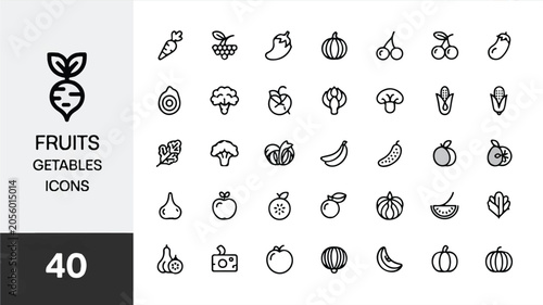 A set of black and white icons arranged, featuring various fruits and vegetables.