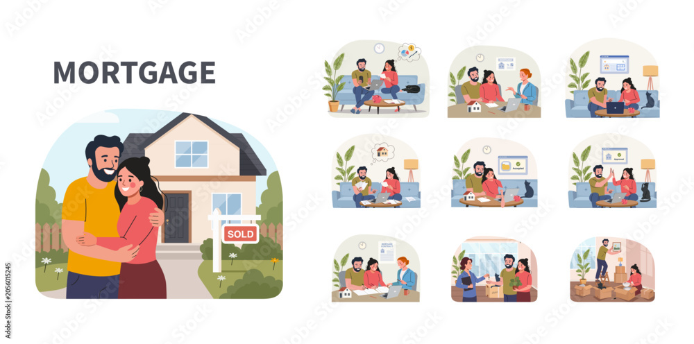 Fototapeta premium Mortgage Process Flat Illustration Set. Family Home Loan Journey, Approval, Contract Signing, Moving and New House Vector Collection