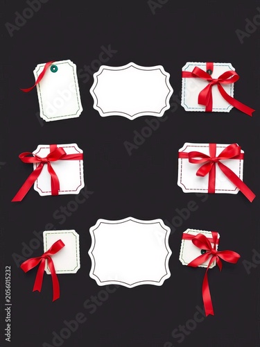 Set of colorful label frames wrapped with red ribbons, strings, festivity