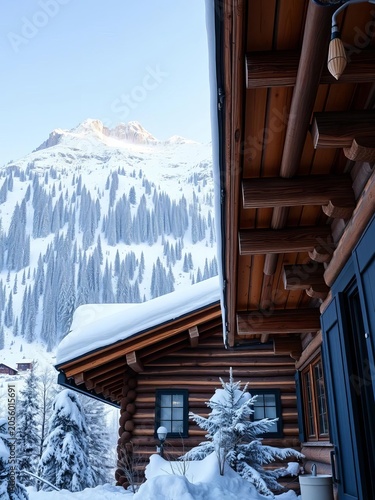 Snowy mountain peaks rise above the cozy winter cabin's rustic wooden roof, mountain scenery, ||snowy mountains