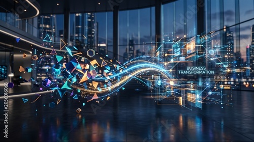 Digital business transformation concept featuring abstract geometric cubes transitioning into a modern virtual city with programming code background for innovative technology and future growth.