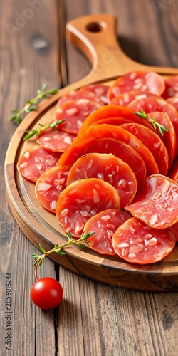 Thinly sliced salami arranged artfully on a wooden board, sliced, arrangement