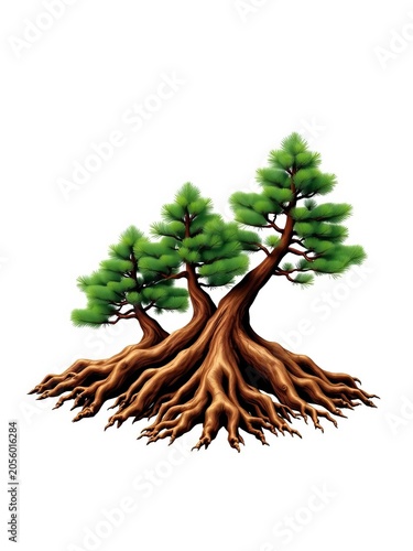 Triangular roots of three pine trees intertwined in a stylized cluster, landscape, cluster