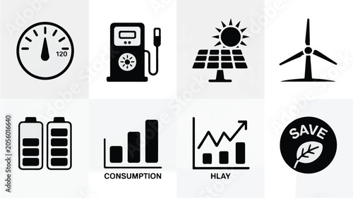 Energy icons showcase various power sources and eco friendly concepts in a single illustration