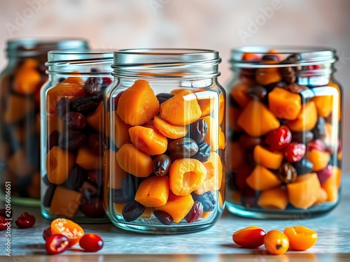 Vibrant glass jars filled with dried apricots, cranberries, and raisins, earthy, warm