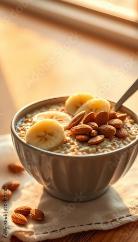 Warm golden light on a bowl of oatmeal with sliced banana and handful of almonds, post-workout snack, relaxation