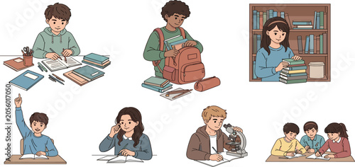 Bild auf Leinwand Diverse student characters studying and doing homework vector clip art set