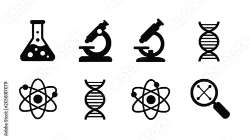 A set of eight minimalist black and white science icons featuring various lab equipment and molecular structures.