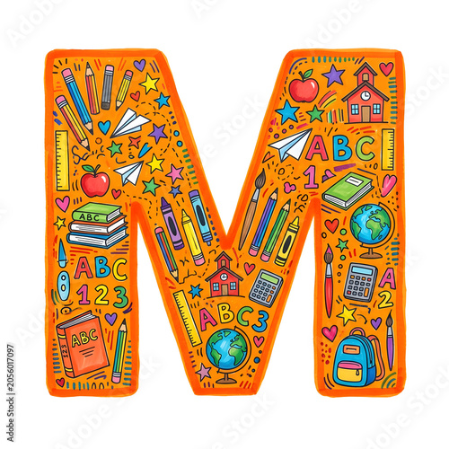 Vibrant Orange Letter M with Colorful Markers PNG