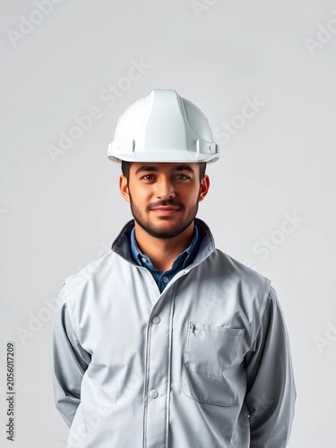 White helmet industrial engineer standing alone on white background, Technical, Tools