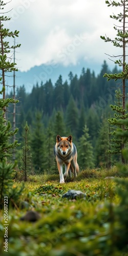 Wild forest landscape with a sleek wolf in mid-stride, scenery, running