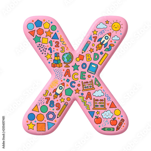 Baby Pink Letter X with Educational Elements PNG