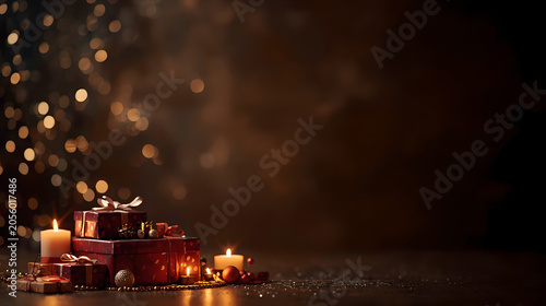 Cozy Christmas background with red gift boxes burning candles and golden bokeh lights