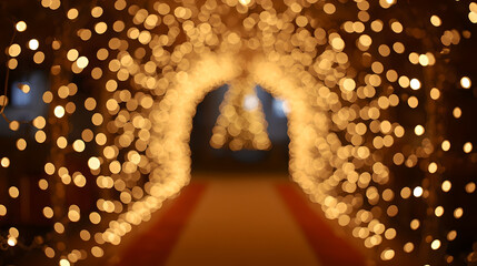 Magical Christmas tunnel background created from glowing golden bokeh fairy lights