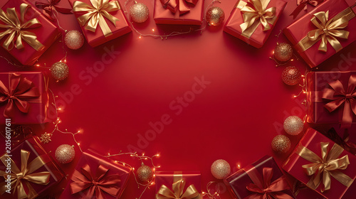 Christmas flat lay border of red gift boxes with gold ribbons and baubles on red backdrop