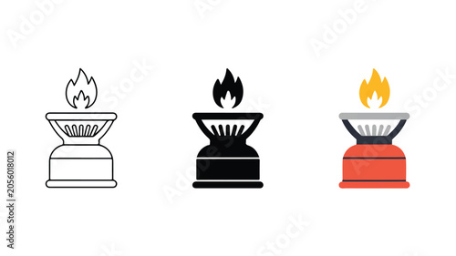 A set of six minimalist black and white icons depicting camp stoves with flames