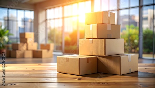 Cajas de cartón apiladas en una oficina luminosa con luz cálida como concepto de mudanza, logística o envío