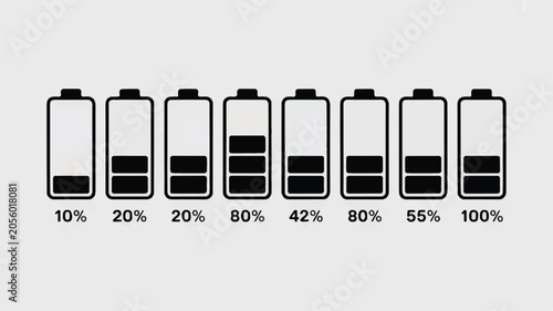 A side-by-side comparison of seven battery icons with varying charge levels displayed