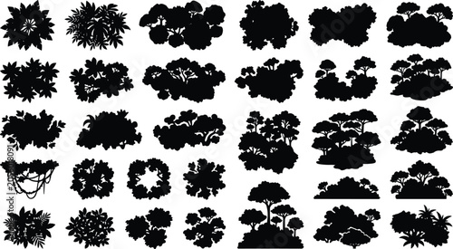 Bush and Hedge Vector Illustration Set with Silhouette Shrub Clusters, Tree Canopy Overlays, and Garden Plants for Landscape Architecture Design Layouts