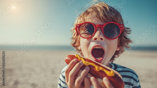 Funny close-up portrait of a little blonde boy wearing red sunglasses and a striped t-shirt, opening his mouth to take a bite of a delicious hot dog with mustard. Sunny summer beach background, retro 