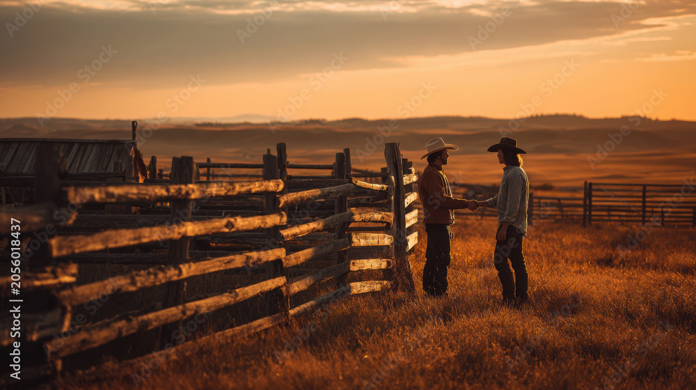 Fototapeta premium Two cowboys shaking hands in a rural field at sunset with wooden fence