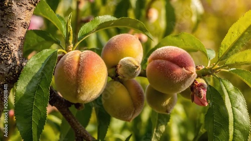 Peach blossoms young fruit on branch in spring sunlight