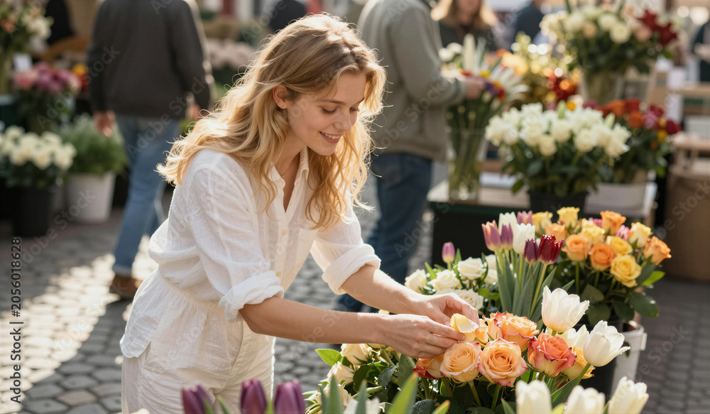 Fototapeta premium Woman smiles while arranging vibrant spring flowers. Soft sunlight glows on her calm, focused expression. Colorful tulips, roses, and orchids fill the market stall